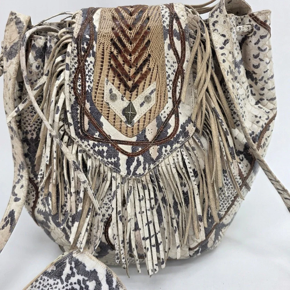 Vintage Hobo Bucket Bag Snakeskin Print‎ Fringe Leather Brown Cream Coin Purse